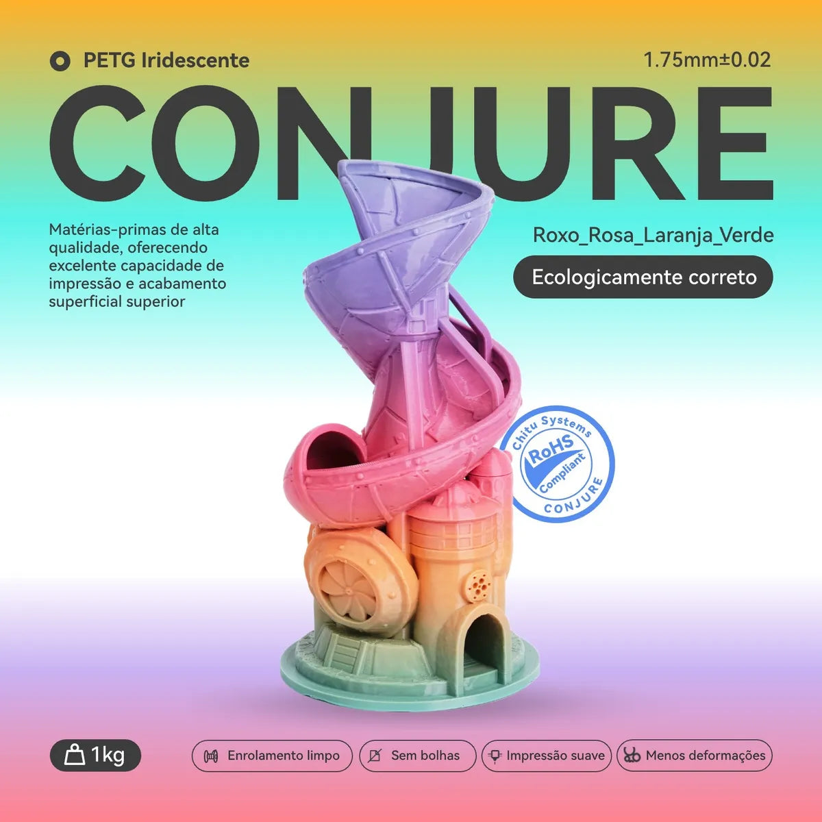 Conjure PETG Silk Rainbow Filament – 1.75mm – 1Kg