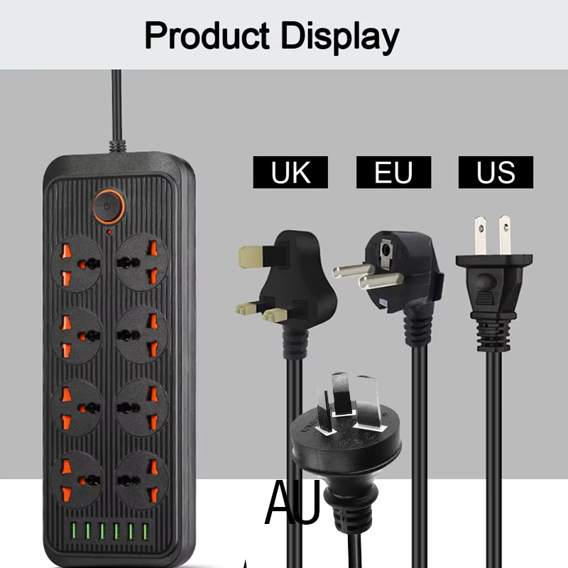 Universal Power Strip with USB Ports – 110–250V, Overload Protection, 3–8 Outlets, 1.2m Extension Cord (US / EU / UK / AU Plug Options)