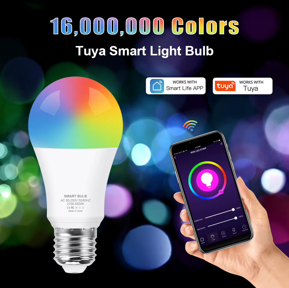 E27 Smart LED Light Bulb 15W – RGB + Tunable White (2700K–6500K), Wi-Fi & Bluetooth, Tuya App, Alexa & Google Compatible